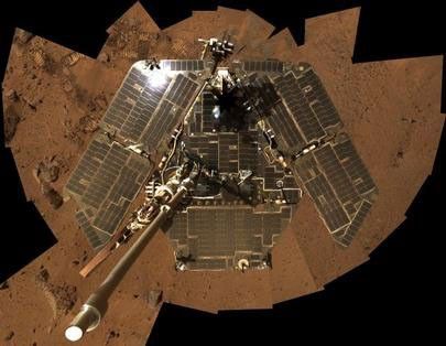 In this selfie, Spirit shows her solar panels gleaming in the Martian sunlight and carrying only a thin veneer of dust two years after the rover landed and began exploring the red planet.