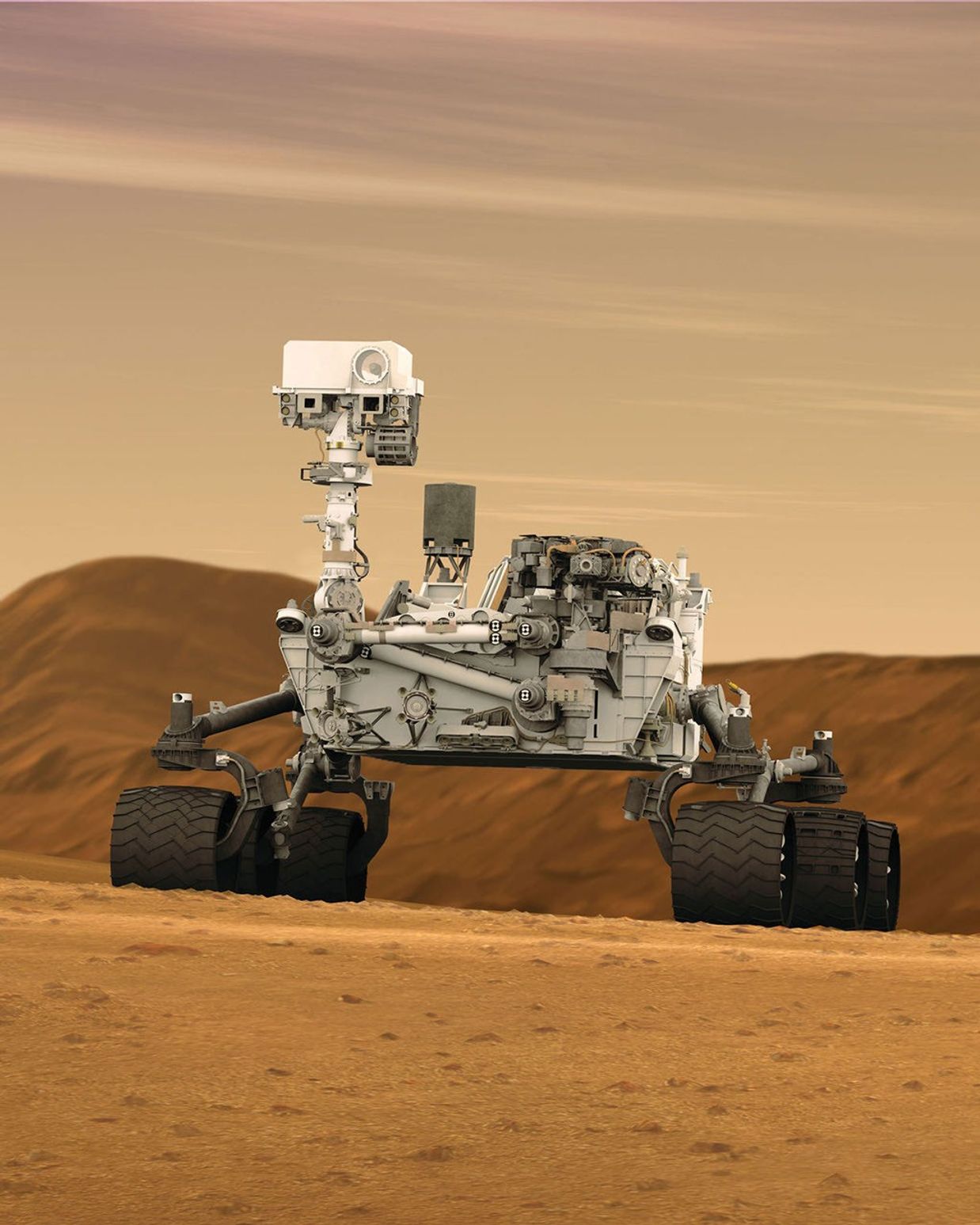This artist concept features NASA's Mars Science Laboratory Curiosity rover, a mobile robot for investigating Mars' past or present ability to sustain microbial life.