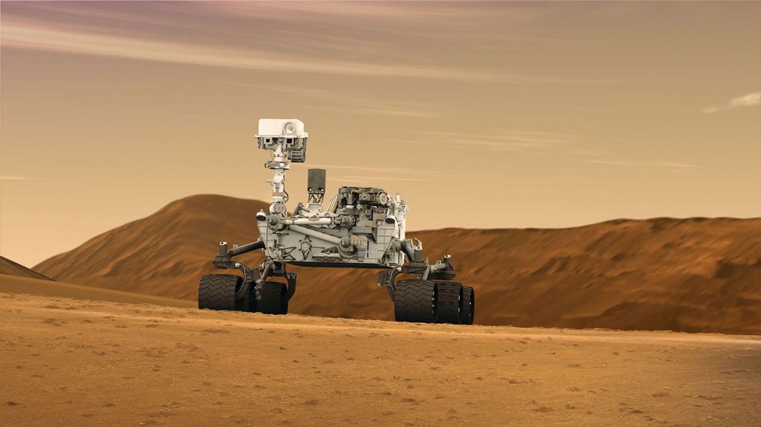 This artist concept features NASA's Mars Science Laboratory Curiosity rover, a mobile robot for investigating Mars' past or present ability to sustain microbial life.