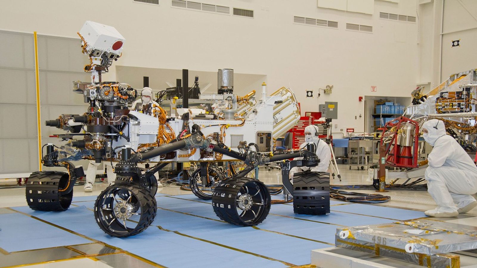 This photograph of the NASA Mars Science Laboratory rover, Curiosity, was taken during mobility testing on June 3, 2011. The location is inside the Spacecraft Assembly Facility at NASA's Jet Propulsion Laboratory, Pasadena, Calif.