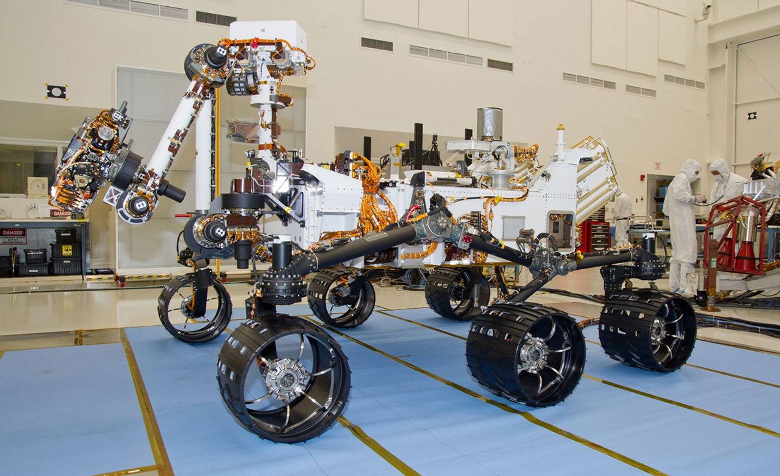This photograph of the NASA Mars Science Laboratory rover, Curiosity, was taken during mobility testing on June 3, 2011. The location is inside the Spacecraft Assembly Facility at NASA's Jet Propulsion Laboratory, Pasadena, Calif.