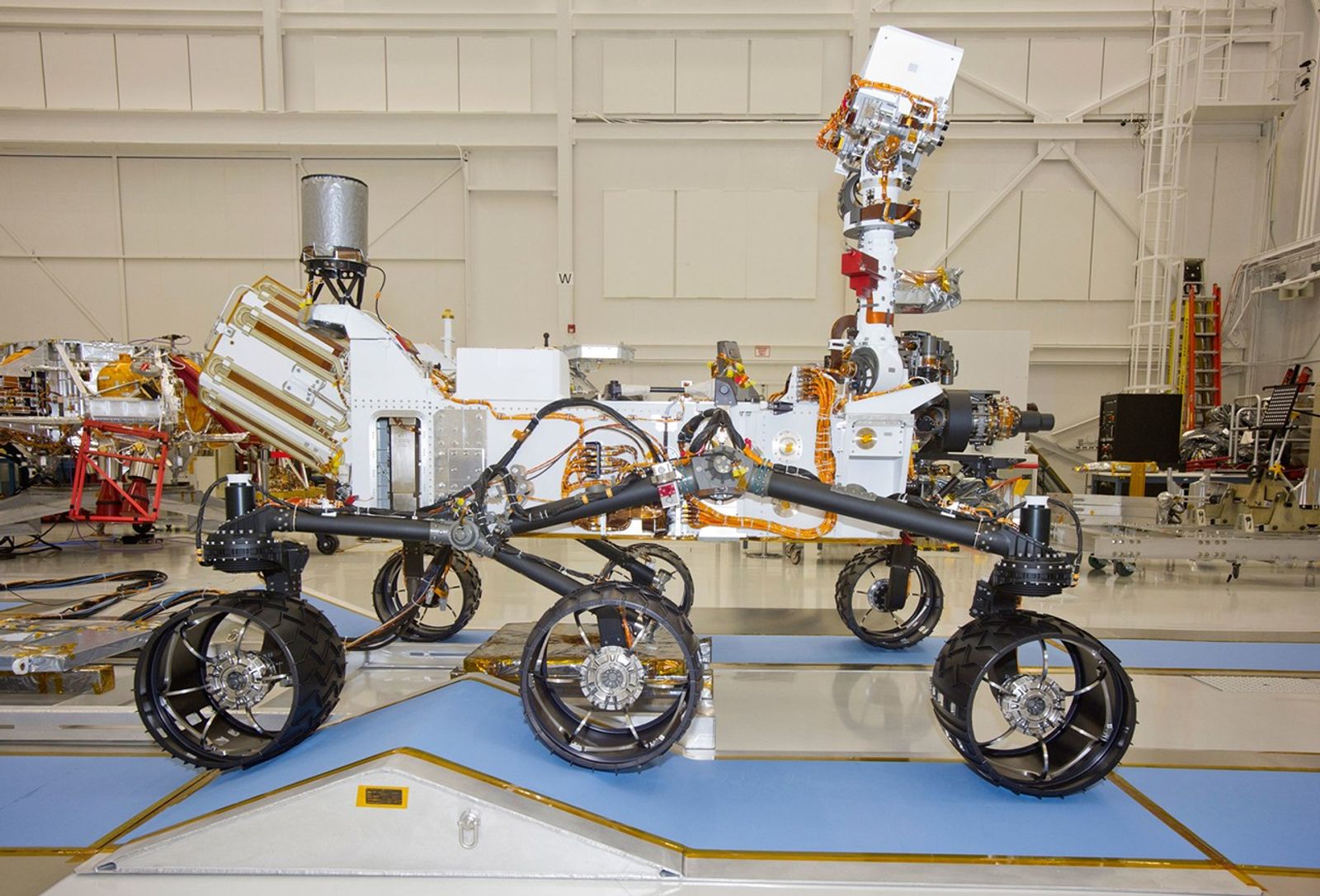 This photograph of the NASA Mars Science Laboratory rover, Curiosity, was taken during mobility testing on June 3, 2011. The location is inside the Spacecraft Assembly Facility at NASA's Jet Propulsion Laboratory, Pasadena, Calif.