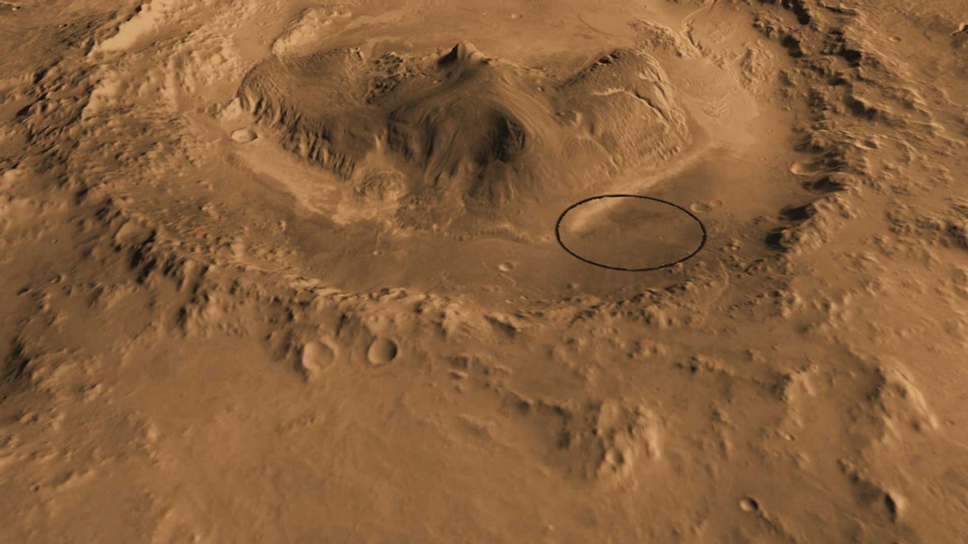 This computer-generated view based on multiple orbital observations shows Mars' Gale crater as if seen from an aircraft north of the crater.