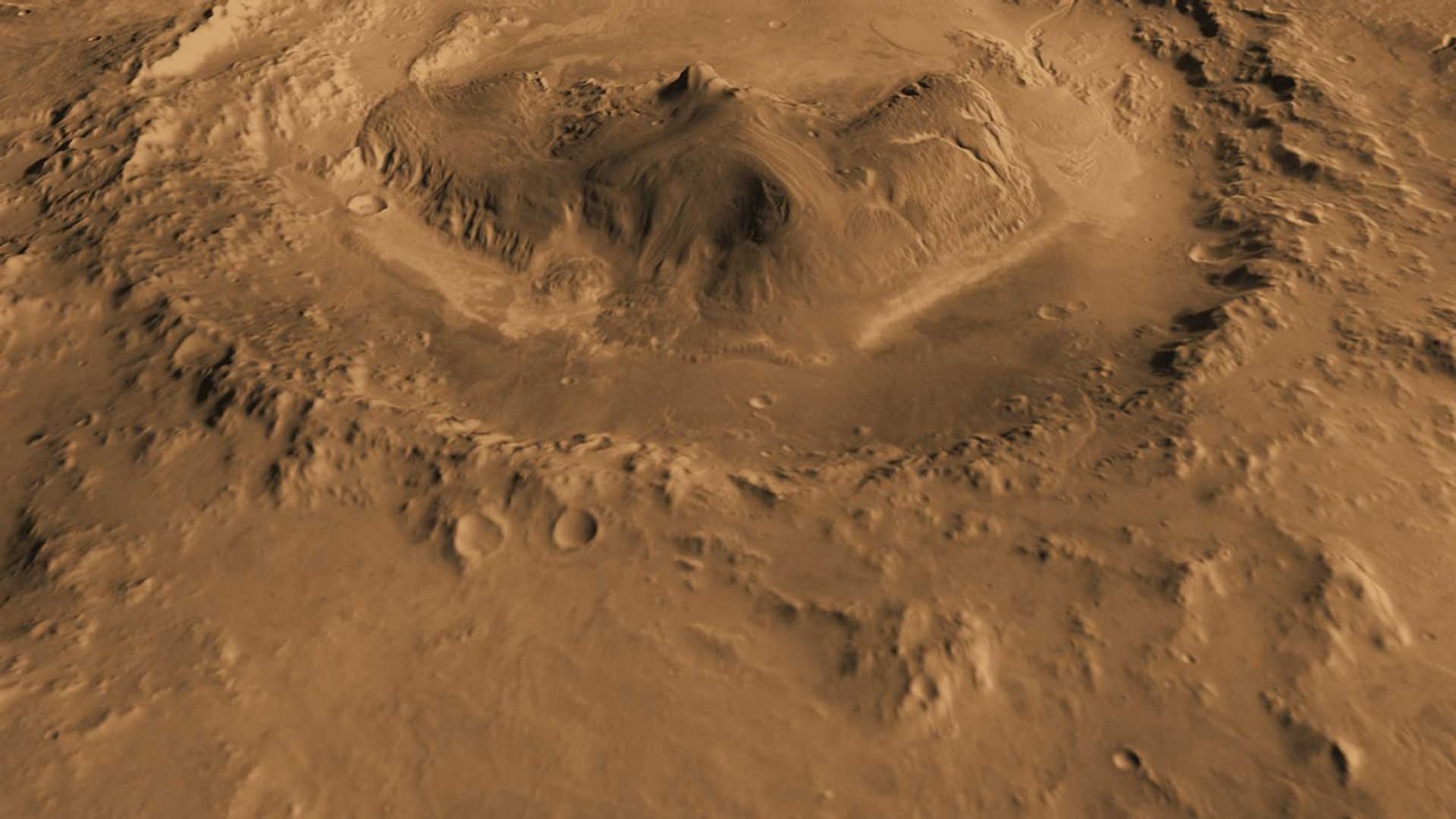 This computer-generated view based on multiple orbital observations shows Mars' Gale crater as if seen from an aircraft north of the crater.