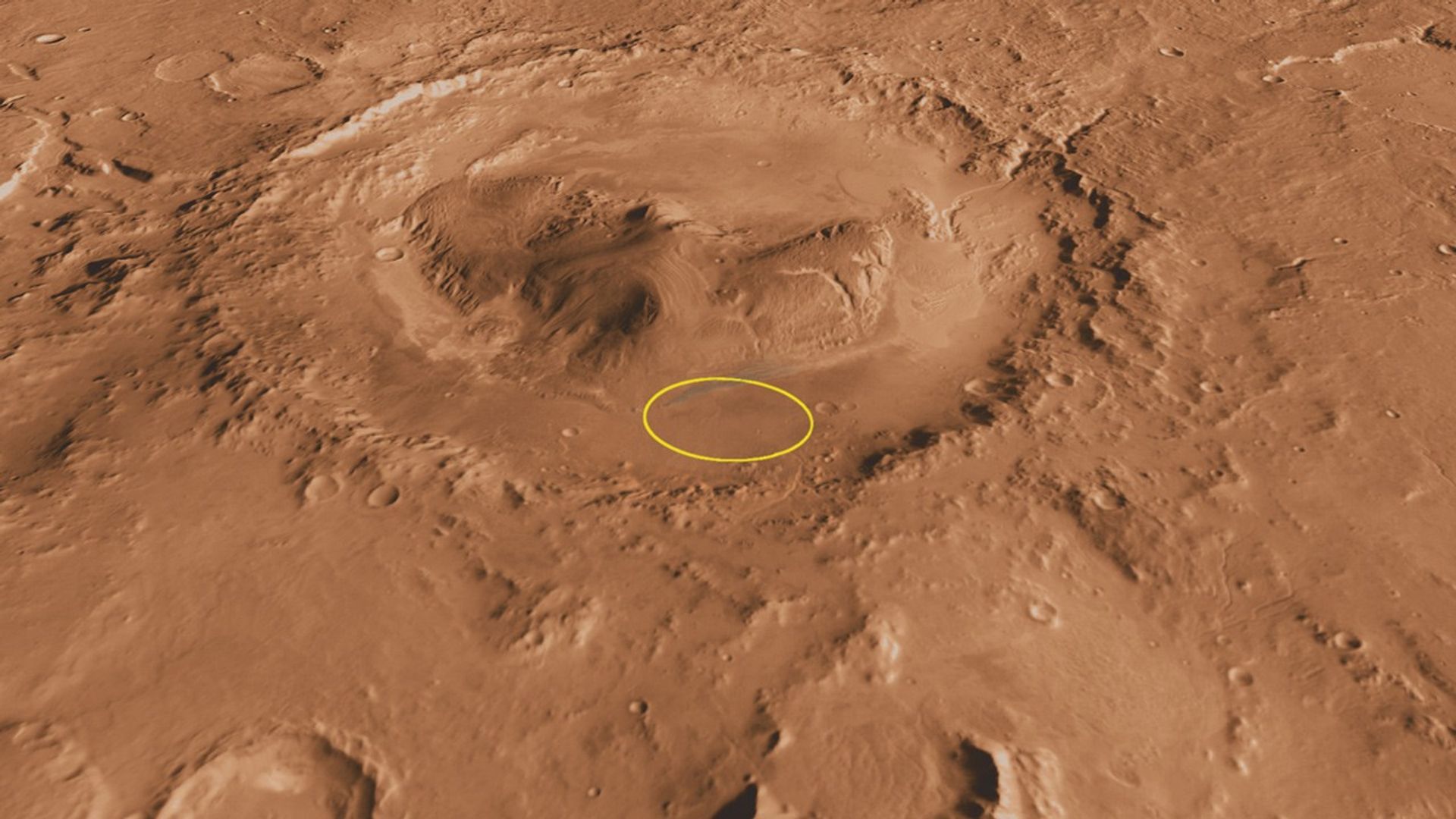 This oblique, southward-looking view of Gale crater shows the landing site and the mound of layered rocks that NASA's Mars Science Laboratory will investigate.