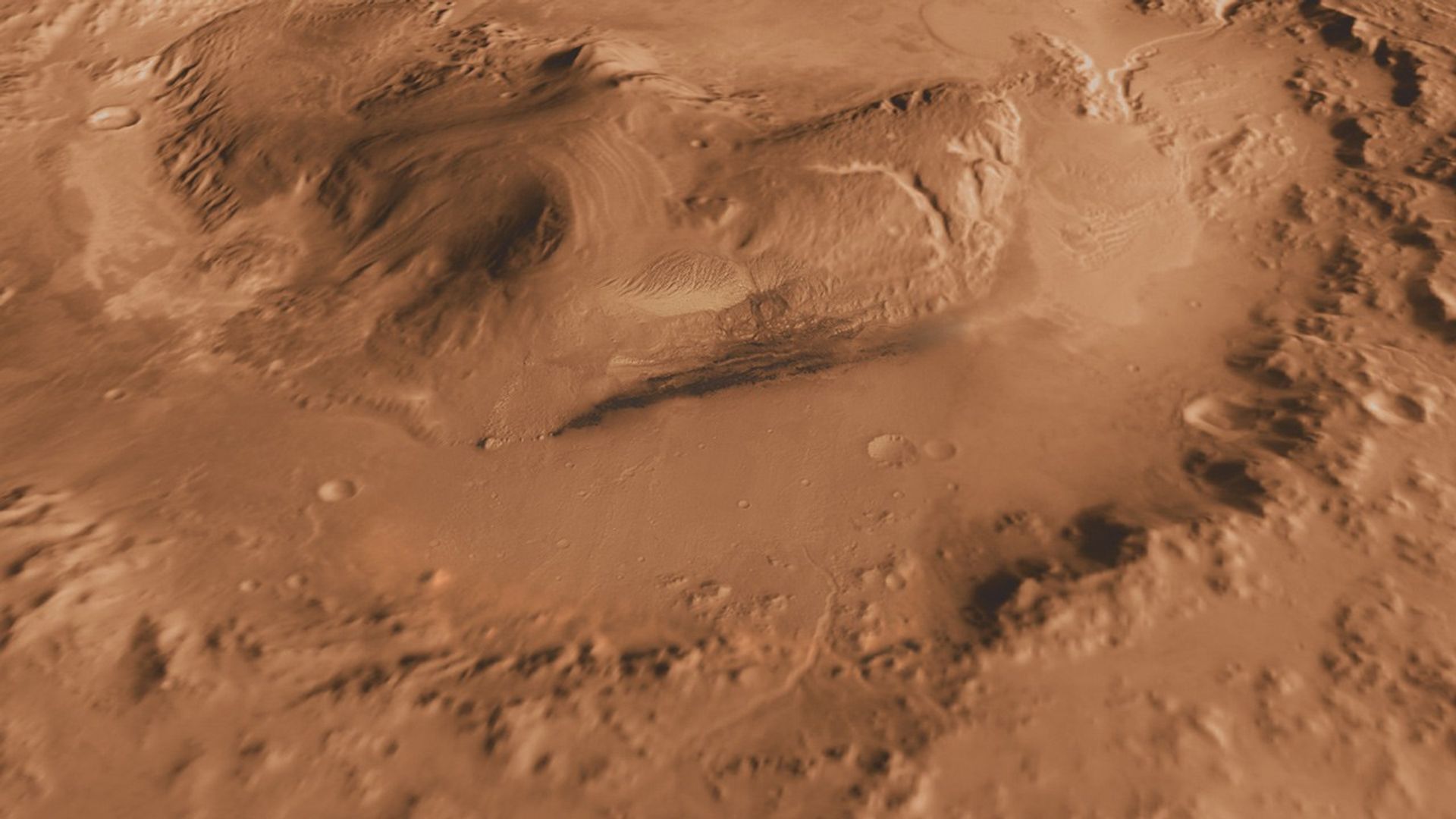 This oblique view of Gale crater shows the landing site and the mound of layered rocks that NASA's Mars Science Laboratory will investigate.