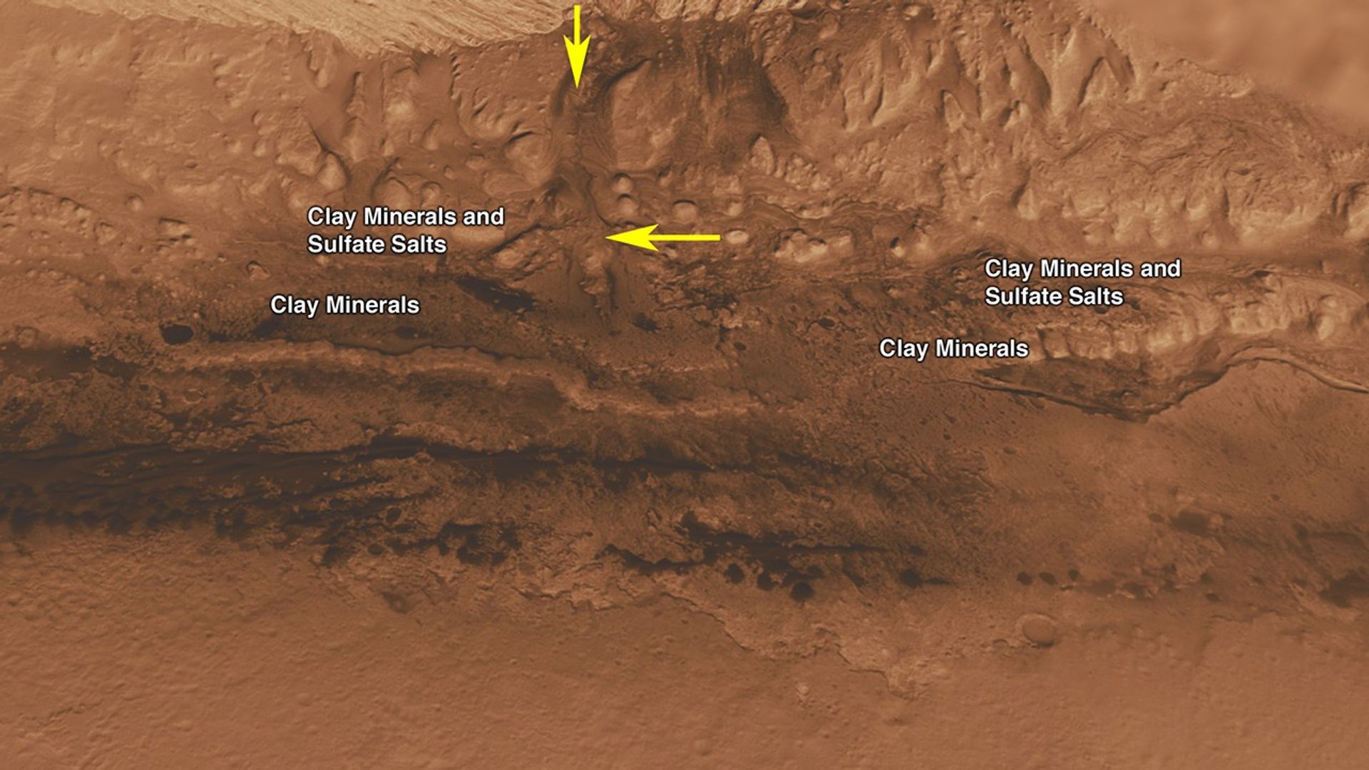 This oblique view of the lower mound in Gale crater on Mars shows an area of top scientific interest for the Mars Science Laboratory mission.