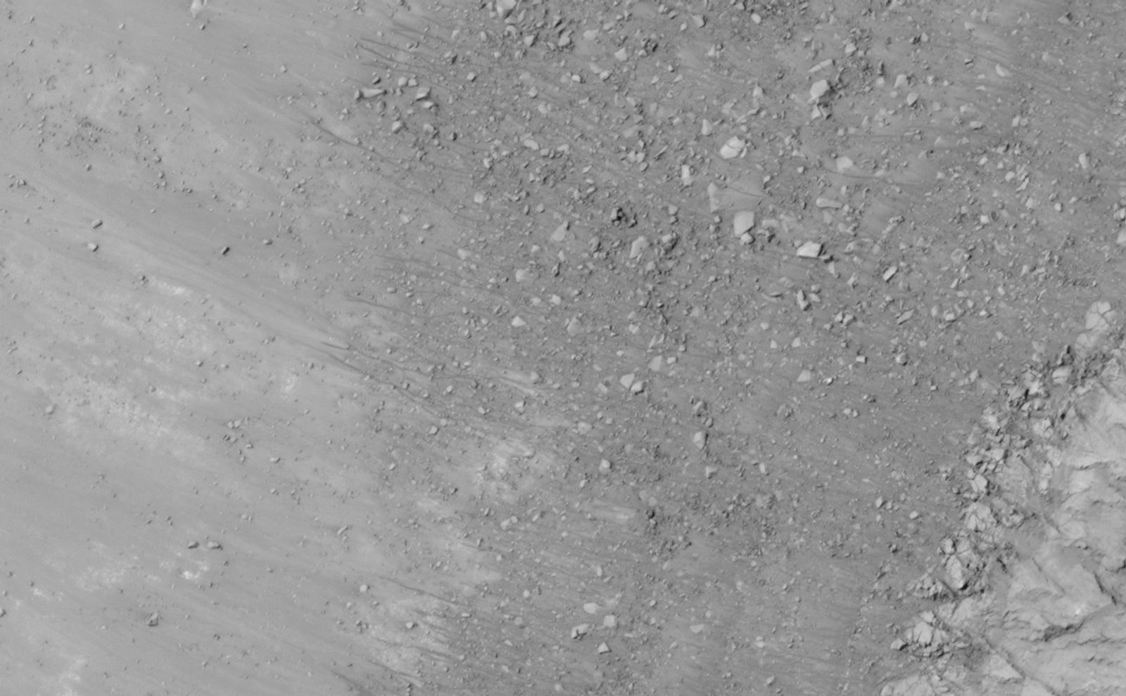 This image shows warm-season flows on a north-facing slope in middle southern latitudes of Mars.