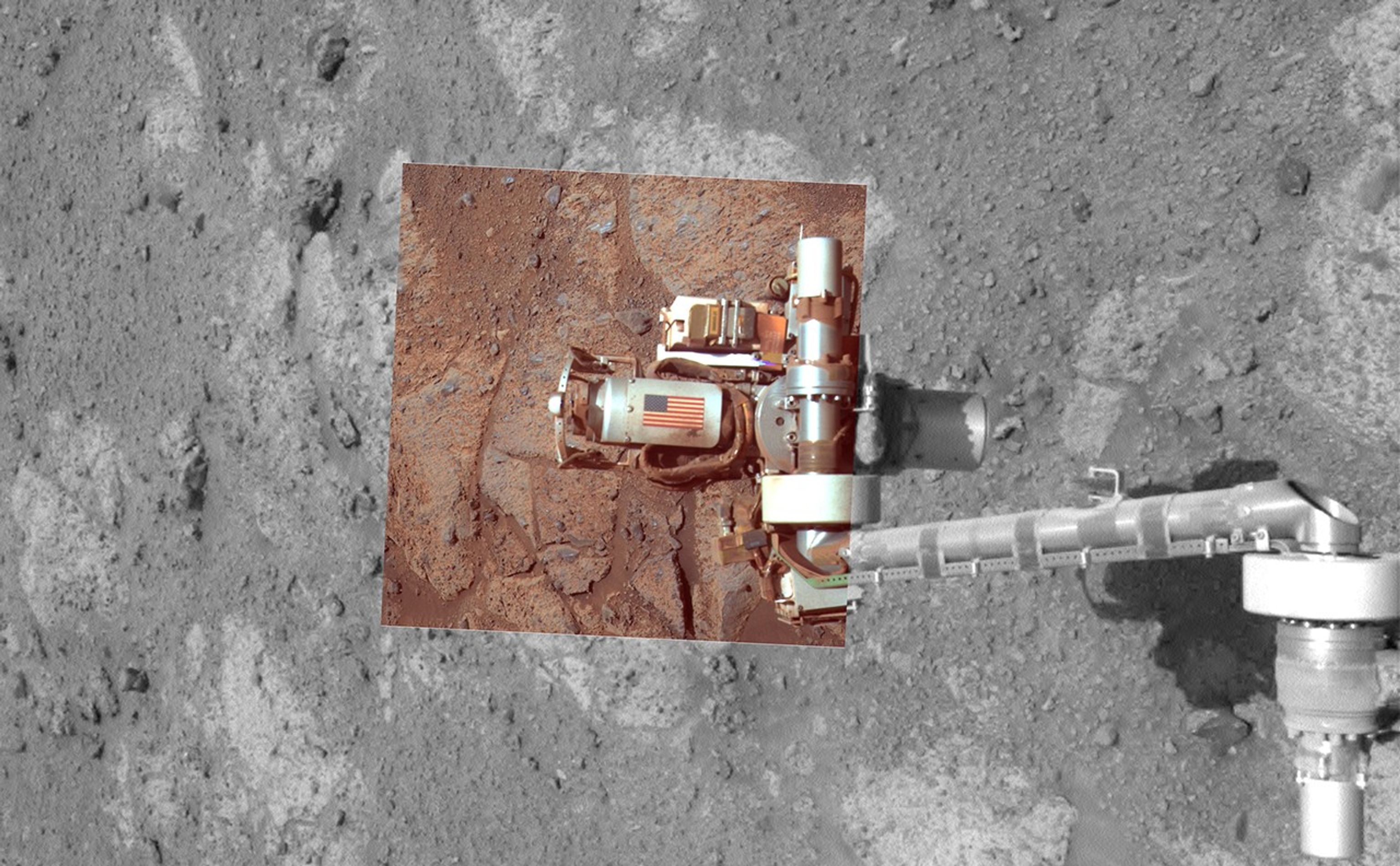 This view of an American flag on metal recovered from the site of the World Trade Center towers shortly after their destruction on Sept. 11, 2001, was taken on Mars on Sept. 11, 2011, the 10th anniversary of the attacks on the towers.