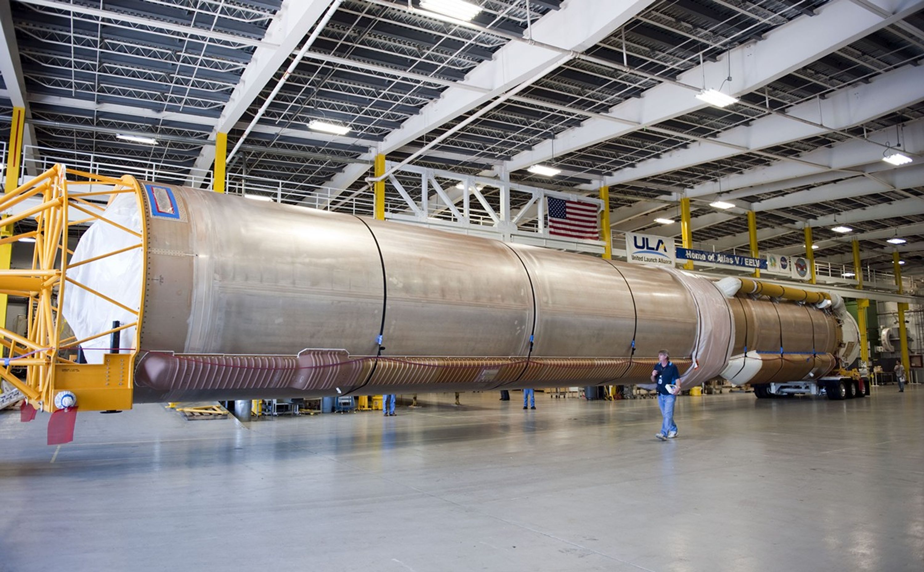 The Atlas V first stage to support the Mars Science Laboratory (MSL) mission is positioned inside the Atlas Spaceflight Operations Center on Cape Canaveral Air Force Station in Florida.