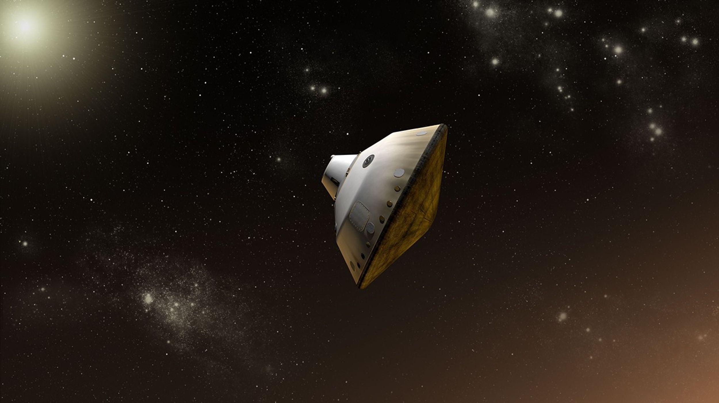 This is an artist's concept of NASA's Mars Science Laboratory aeroshell capsule as it enters the Martian atmosphere.