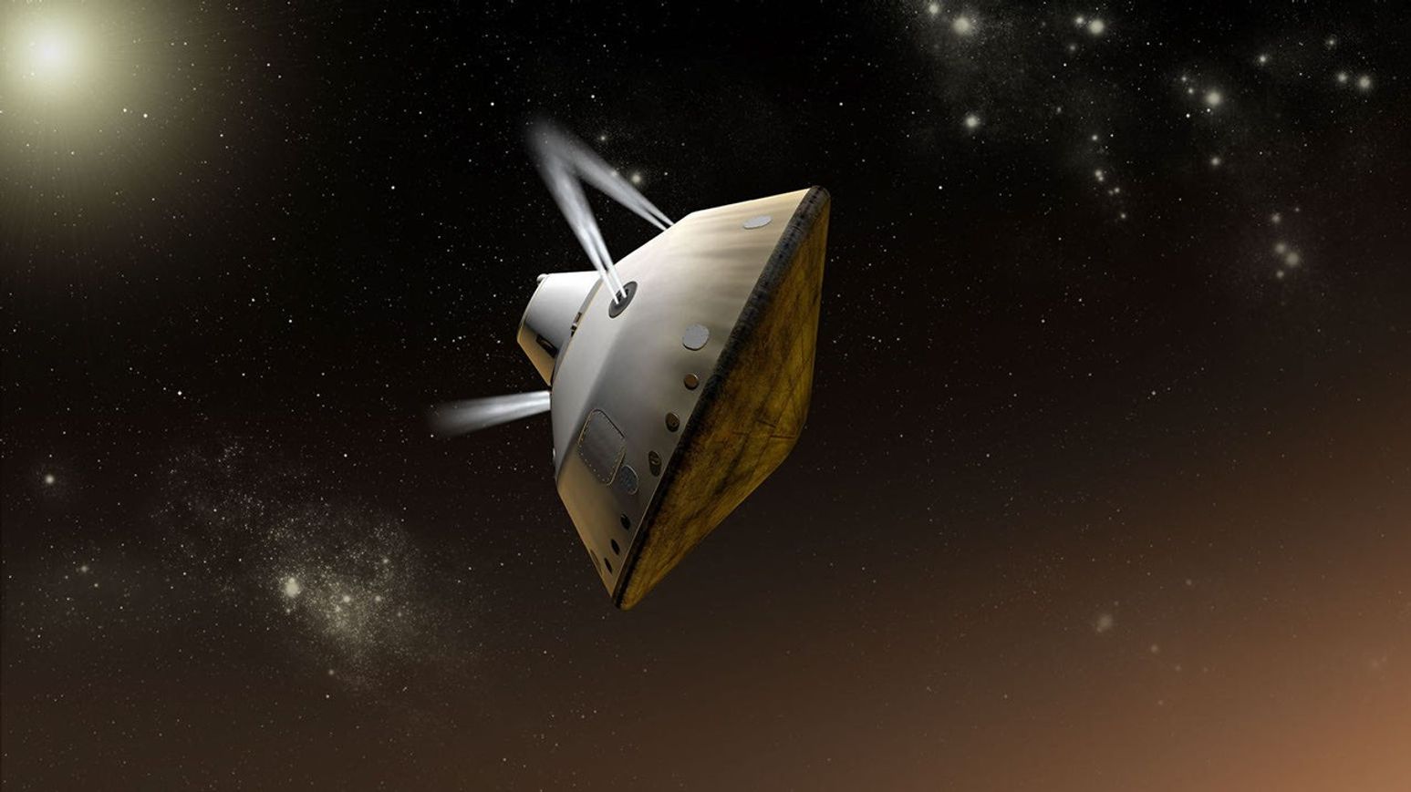 This artist's concept shows thrusters firing during the entry, descent and landing phase for NASA's Mars Science Laboratory mission to Mars.