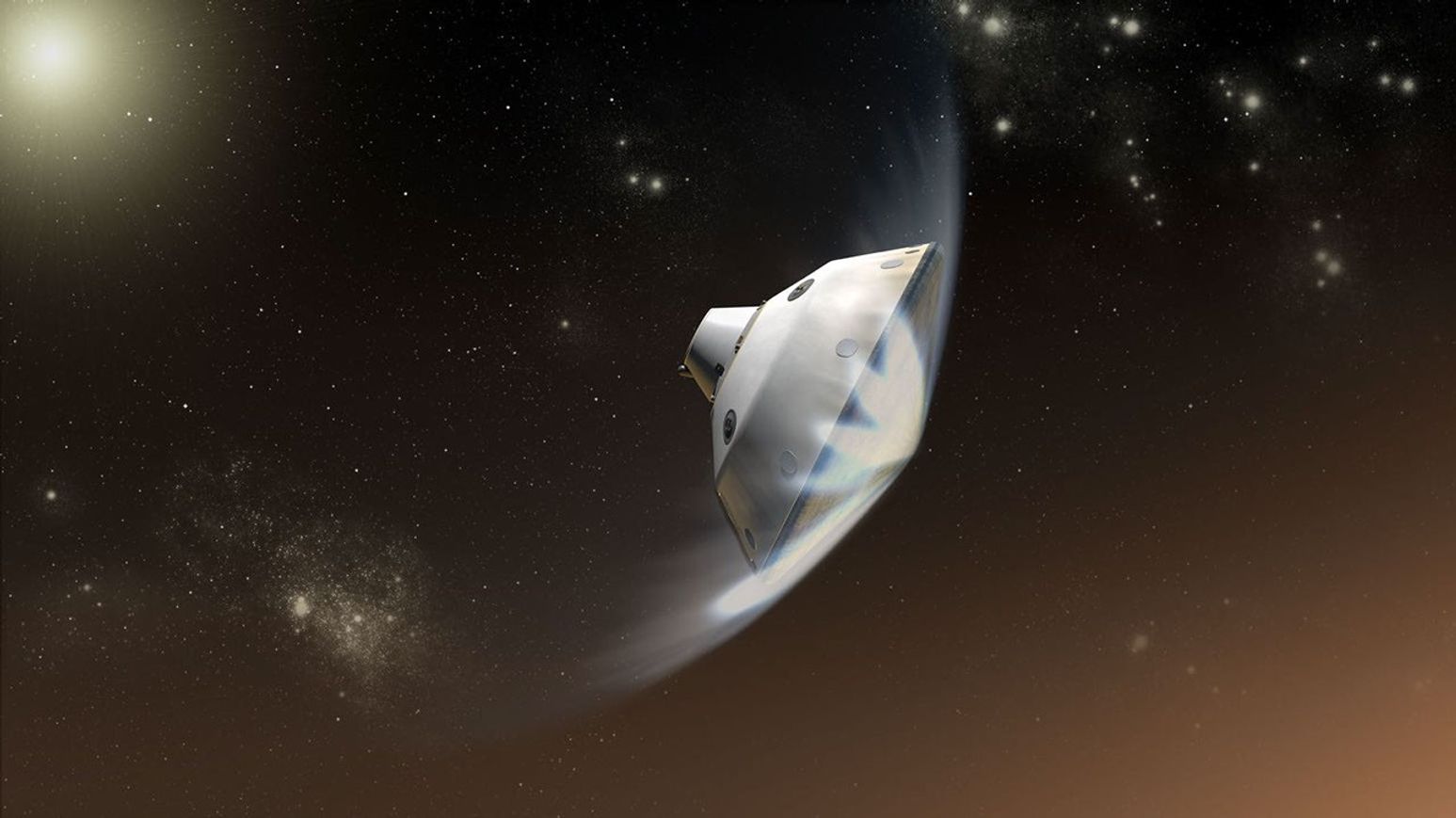This artist's concept depicts the interaction of NASA's Mars Science Laboratory spacecraft with the upper atmosphere of Mars during the entry, descent and landing of the Curiosity rover onto the Martian surface.