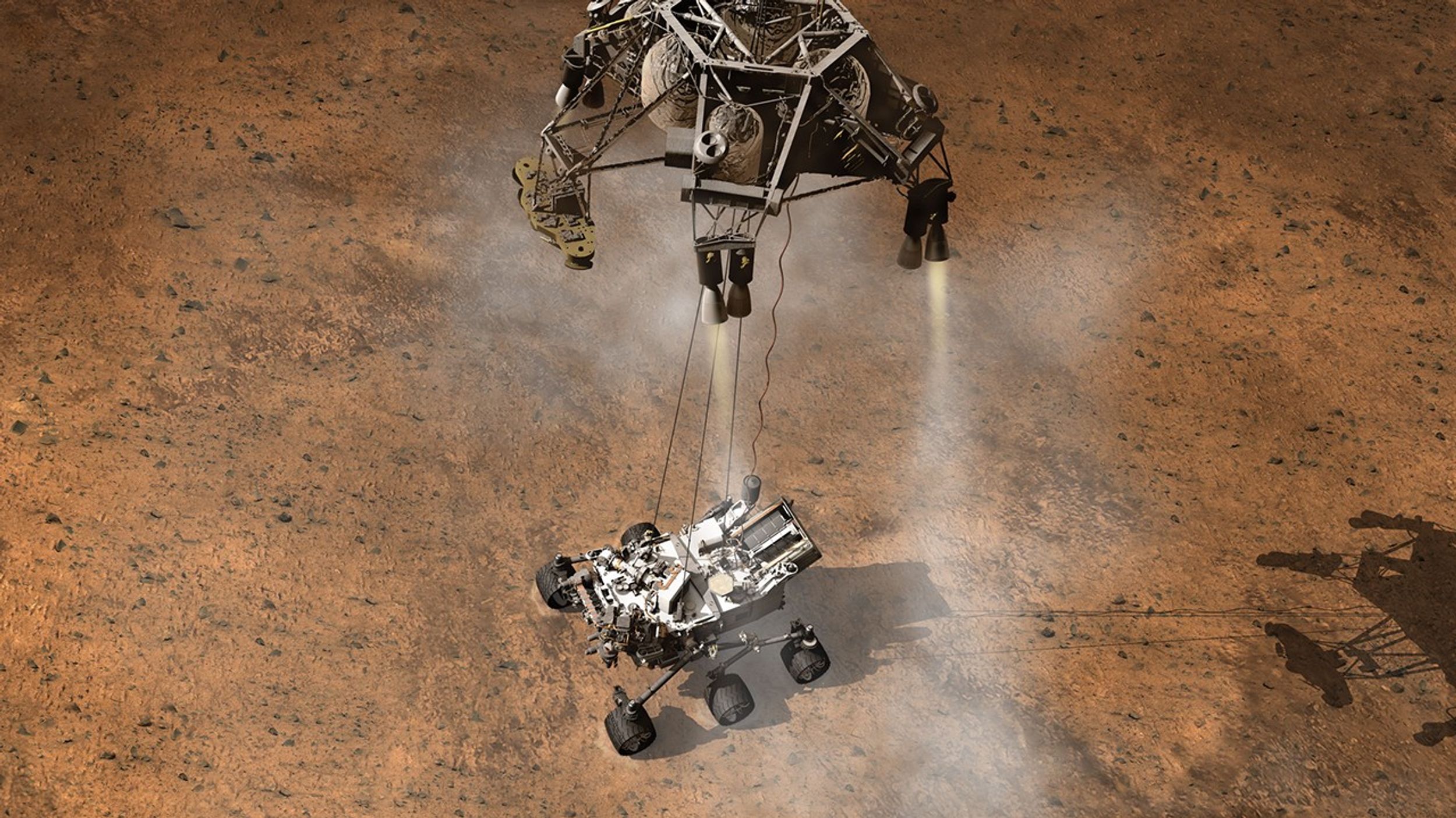 This artist's concept depicts the moment that NASA's Curiosity rover touches down onto the Martian surface.