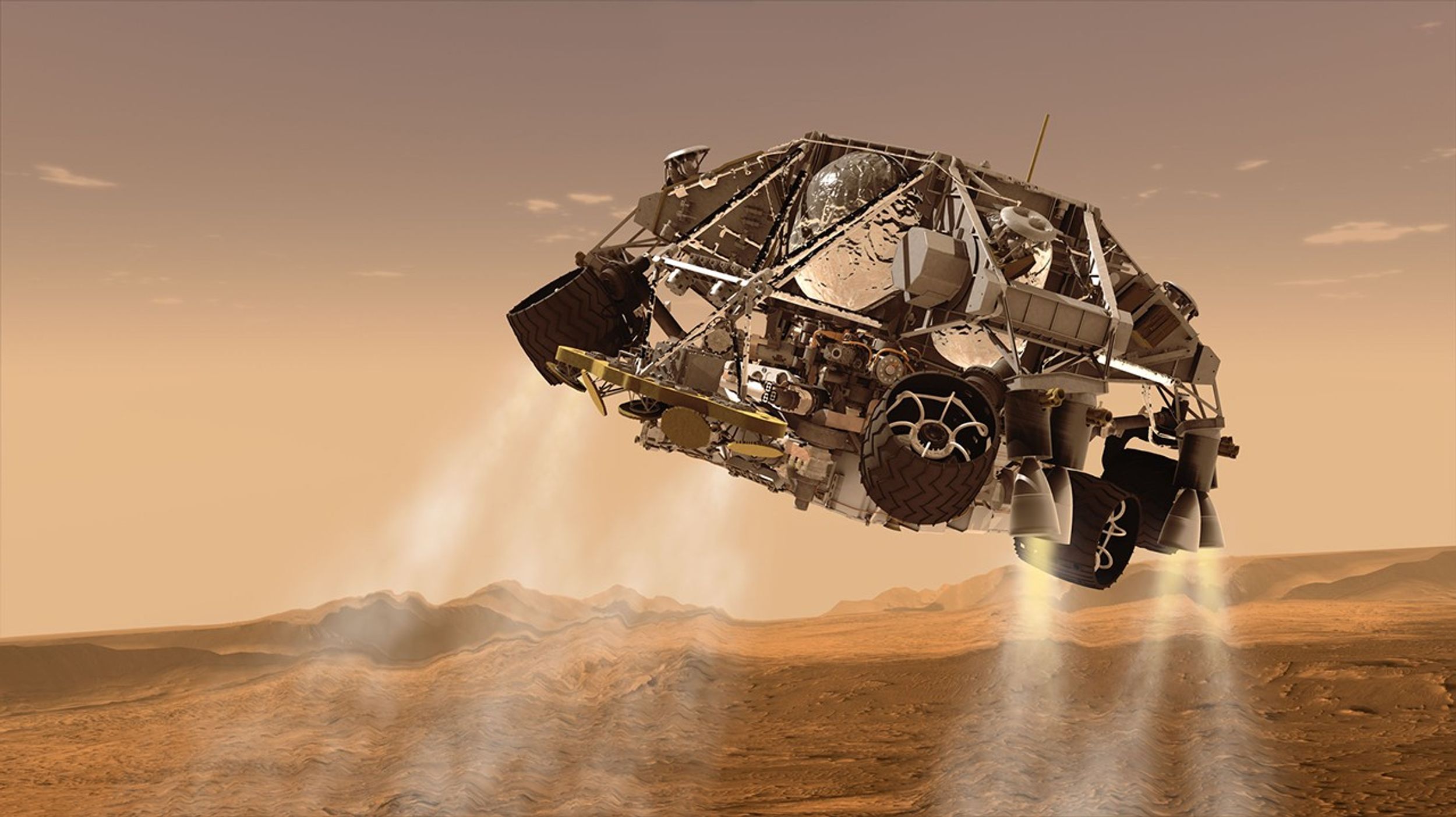 This is an artist's concept of the rover and descent stage for NASA's Mars Science Laboratory spacecraft during the final minute before the rover, Curiosity, touches down on the surface of Mars.