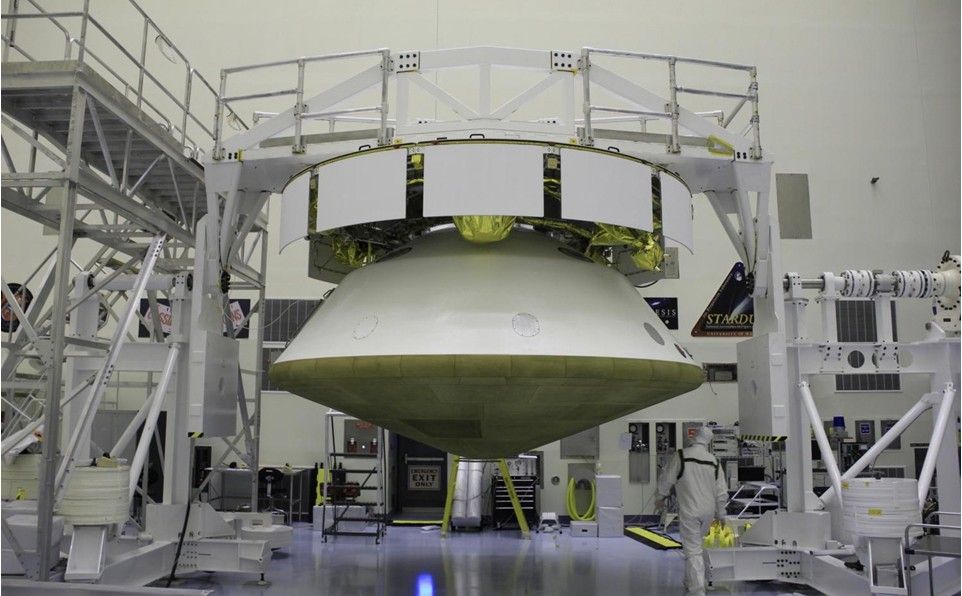 NASA's Mars Science Laboratory spacecraft has been fully stacked for flight in this photograph from inside the Payload Hazardous Servicing Facility at NASA Kennedy Space Center, Fla., in October 2011.