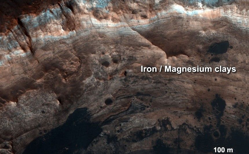 Thick stacks of clay minerals indicate chemical alteration of thick stacks of rock by interaction with liquid water on ancient Mars.