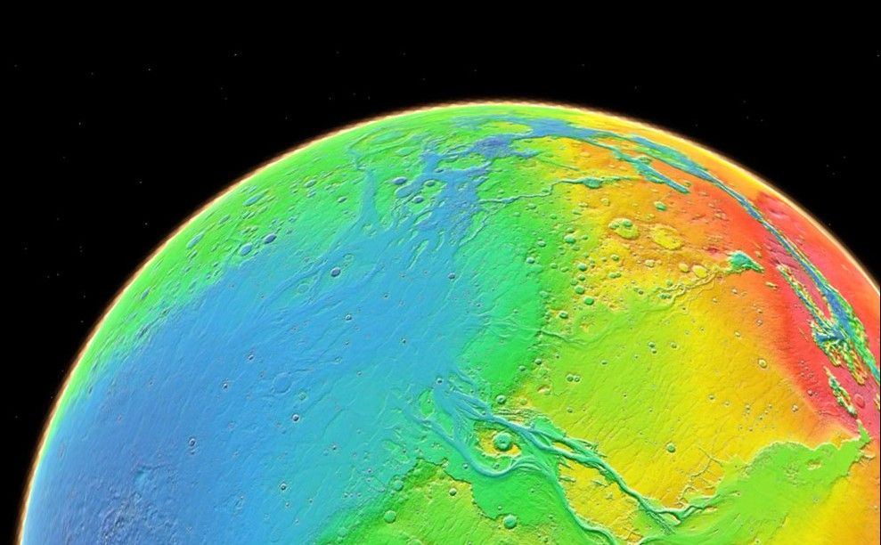 Color coding in this image of Mars represents differences in elevation, measured by the Mars Orbiter Laser Altimeter on NASA's Mars Global Surveyor.