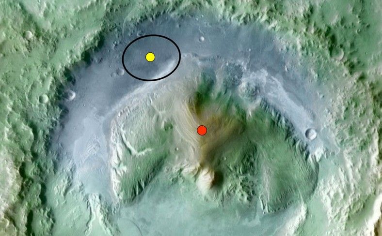 Color coding in this image of Gale Crater on Mars represents differences in elevation.
