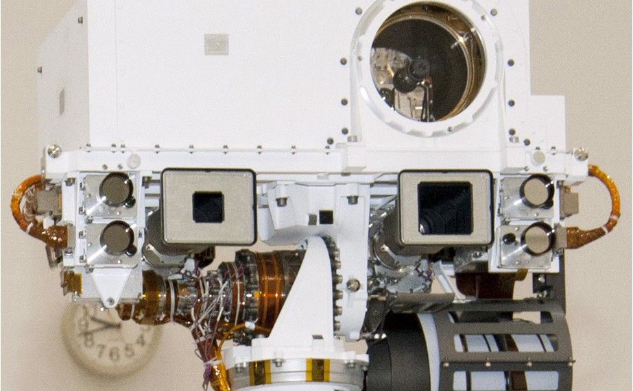 This view of the head of the remote sensing mast on the Mars Science Laboratory mission's rover, Curiosity, shows seven of the 17 cameras on the rover.