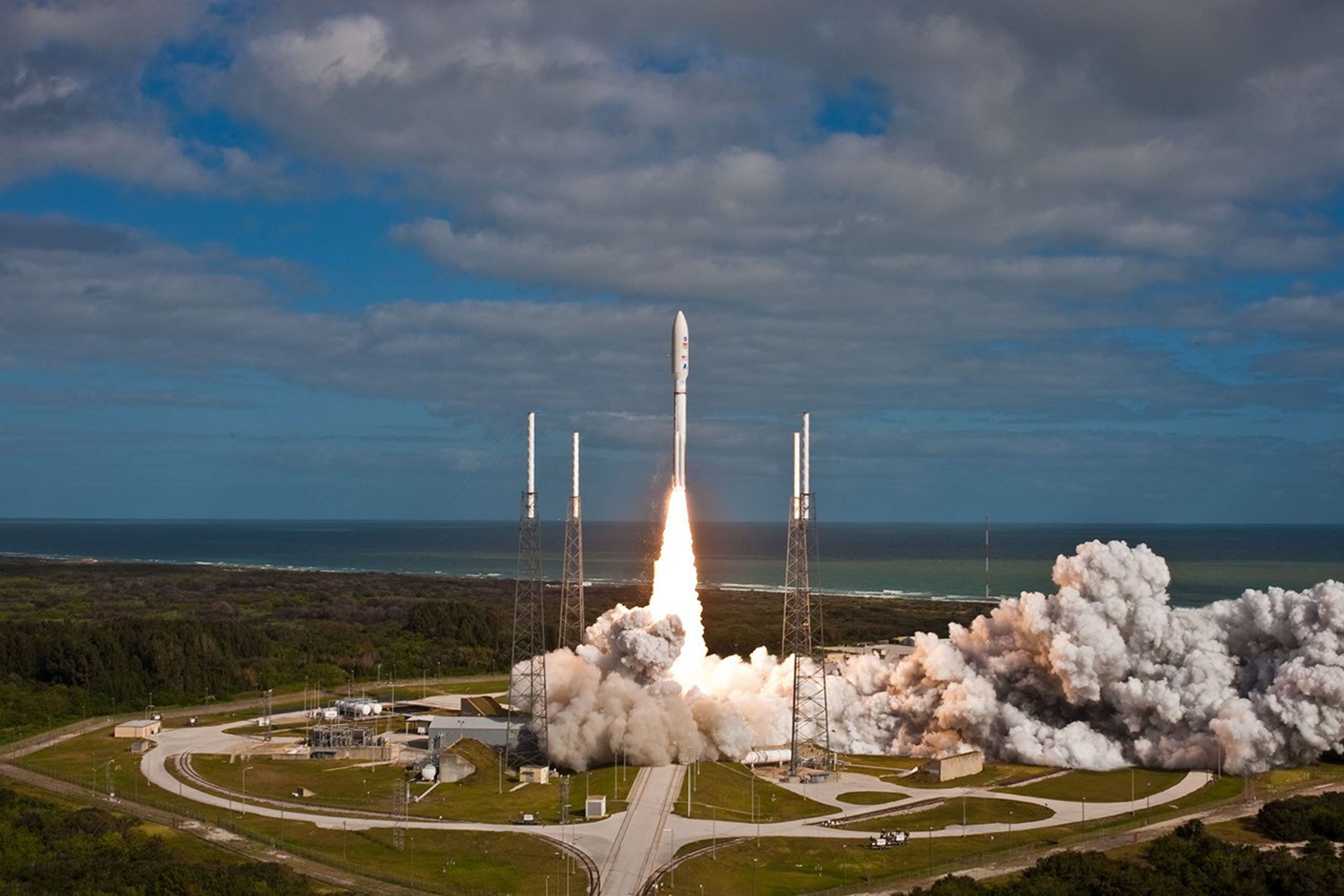 NASA's Mars Science Laboratory spacecraft, sealed inside its payload fairing atop the United Launch Alliance Atlas V rocket, clears the tower at Space Launch Complex 41 on Cape Canaveral Air Force Station in Florida.
