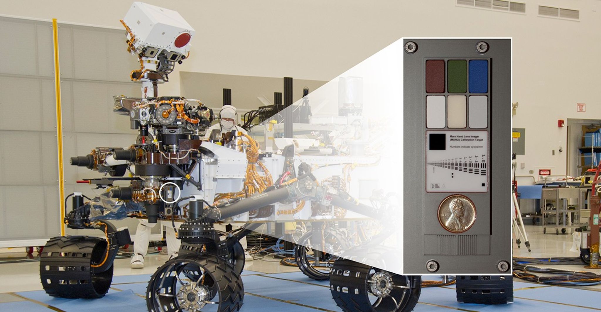 The Mars Hand Lens Imager (MAHLI) camera at the end of the robotic arm of NASA's Curiosity rover will use a calibration target attached to a shoulder joint of the arm.
