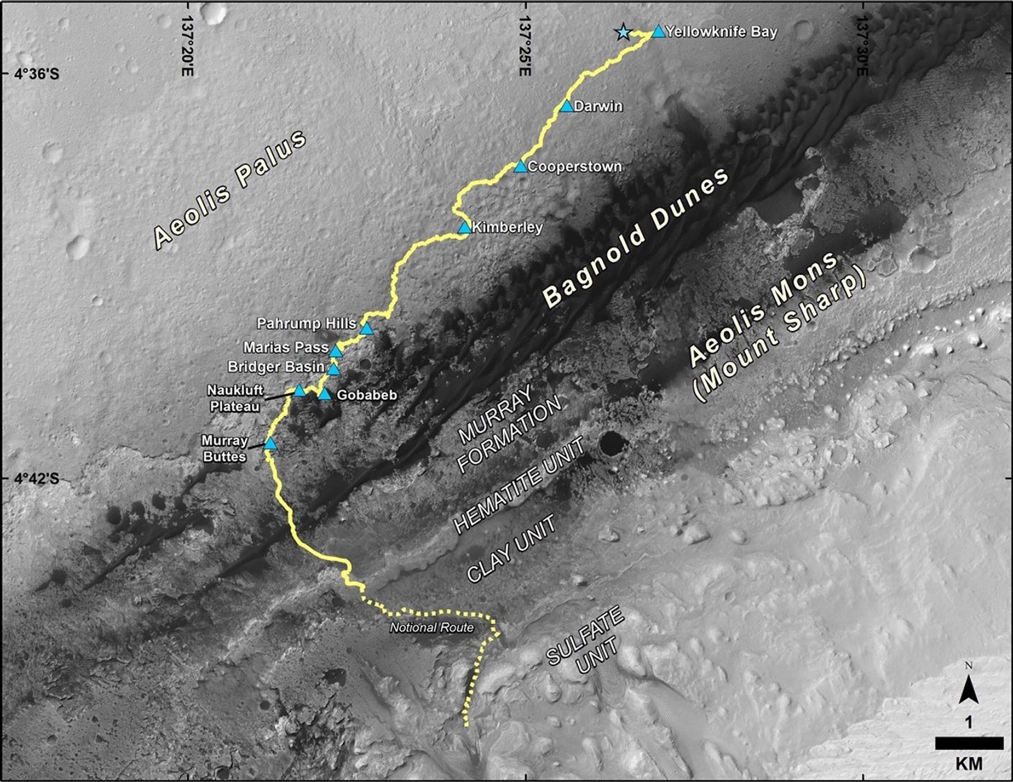 This map shows the route driven by NASA's Curiosity Mars rover from the location where it landed in August 2012 to its location in December 2016, which is in the upper half of a geological unit called the Murray Formation, on lower Mount Sharp.