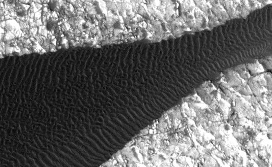 Back-and-forth blinking of this two-image animation shows movement of ripples covering a sand dune on Mars.