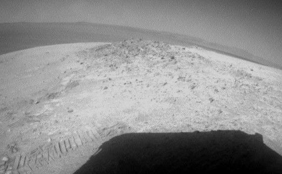 NASA's Mars Exploration Rover Opportunity drove about 12 feet (3.67 meters) on May 8, 2012, after spending 19 weeks working in one place while solar power was too low for driving during the Martian winter.