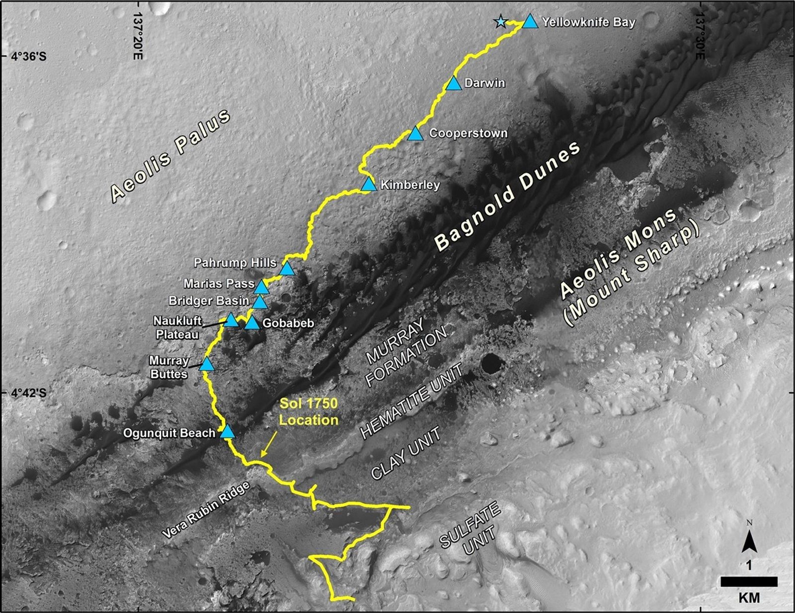This map shows the route driven by NASA's Curiosity Mars rover, from the location where it landed in August 2012 to its location in July 2017 (Sol 1750), and its planned path to additional geological layers of lower Mount Sharp.