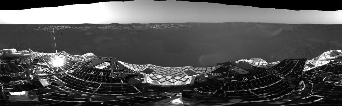 This 360-degree panorama is one of the first images beamed back to Earth from the Mars Exploration Rover Opportunity shortly after it touched down at Meridiani Planum, Mars. The image was captured by the rover's navigation camera.