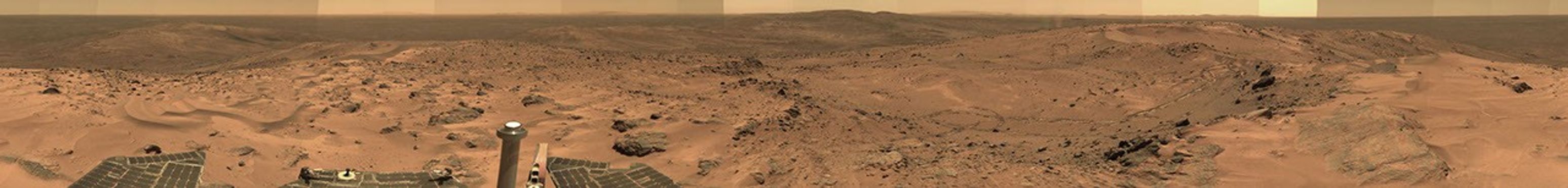 If a human with perfect vision donned a spacesuit and stepped onto the martian surface, the view would be as clear as this sweeping panorama taken by Spirit.