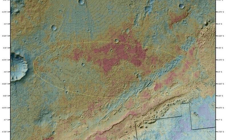 The area where NASA's Curiosity rover will land on Aug. 5 PDT (Aug. 6 EDT) has a geological diversity that scientists are eager to investigate, as seen in this false-color map based on data from NASA's Mars Odyssey orbiter.