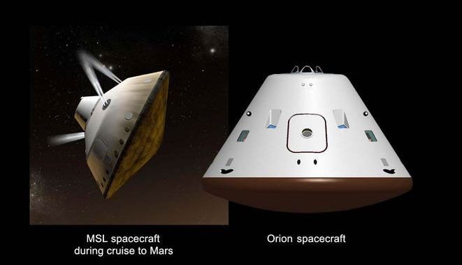 This set of artist's concepts shows NASA's Mars Science Laboratory cruise capsule and NASA's Orion spacecraft