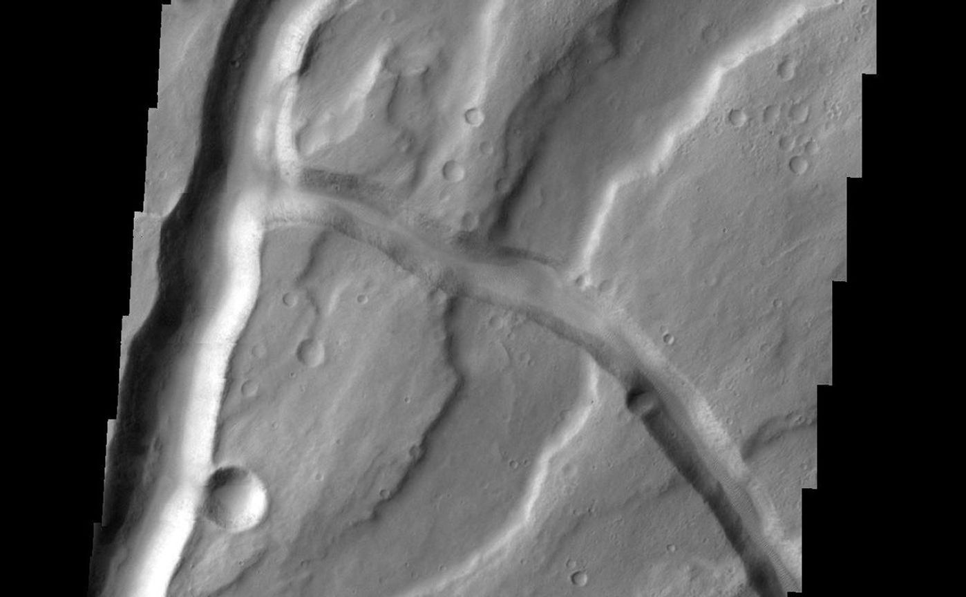 The channels in this VIS image are part of Tyrrhena Fossae on the northern flank of Tyrrhenus Mons.