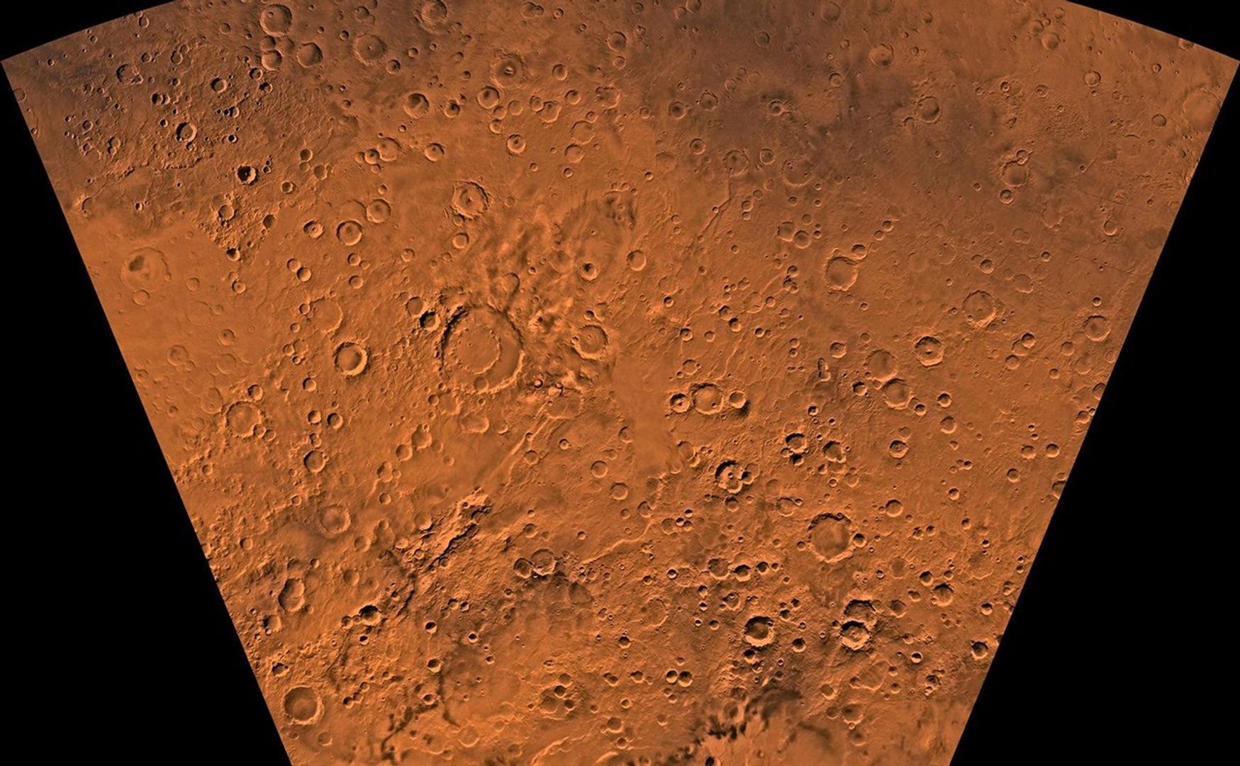 Mars digital-image mosaic merged with color of the MC-29 quadrangle, Eridania region of Mars. The quadrangle is dominated by heavily cratered highlands, with some moderately cratered plains in the central part and large ridge systems in the southern part. The west-central part is marked by a large impact crater, Kepler. Kepler is an ancient remnant of the many large impact events that occurred during the period of heavy bombardment.