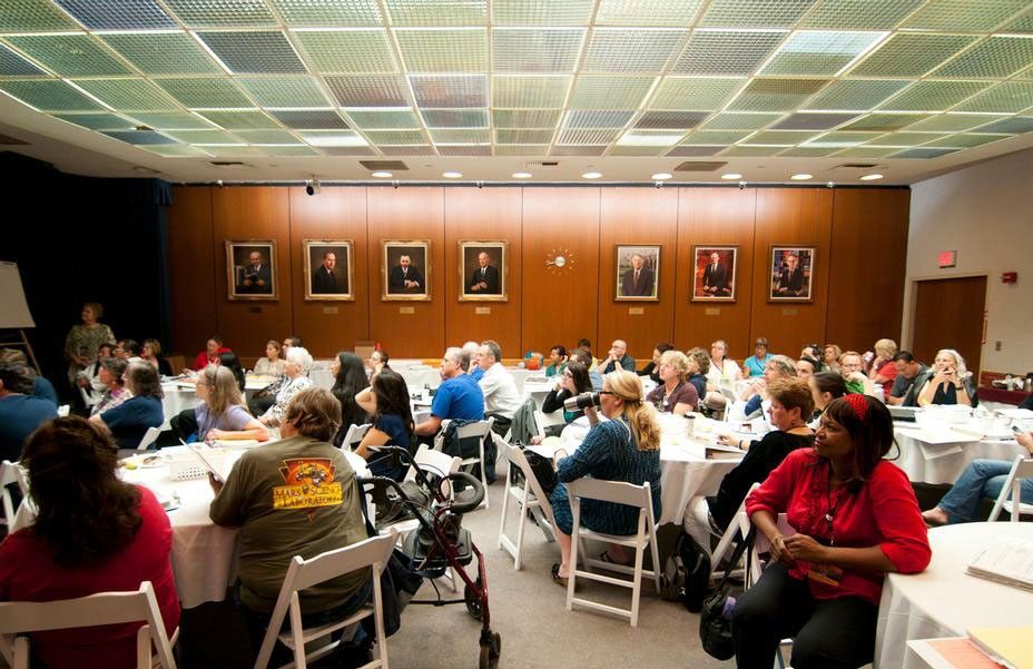 Teachers gather at NASA's Jet Propulsion Laboratory (JPL) in Pasadena, Calif., for the Curiosity Landing Educator Workshop.