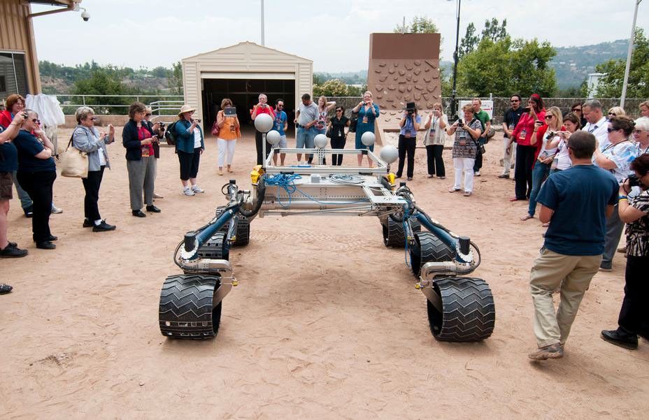 Mobility Systems Engineer, Matt Heverly, explains how Curiosity's  mobility system works to teachers participating the Curiosity Educator Conference at JPL.