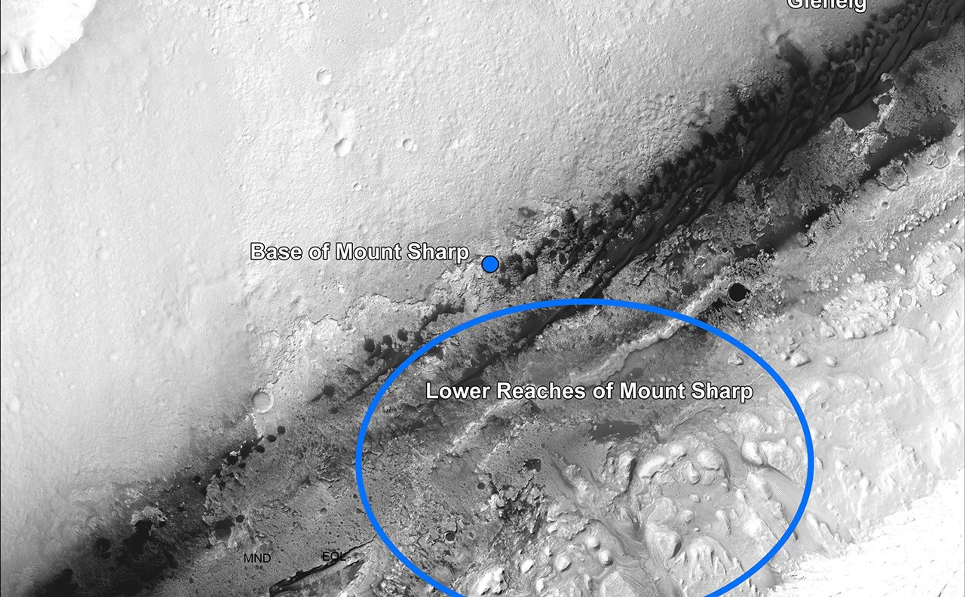 This image shows the landing site of NASA's Curiosity rover and destinations scientists want to investigate.