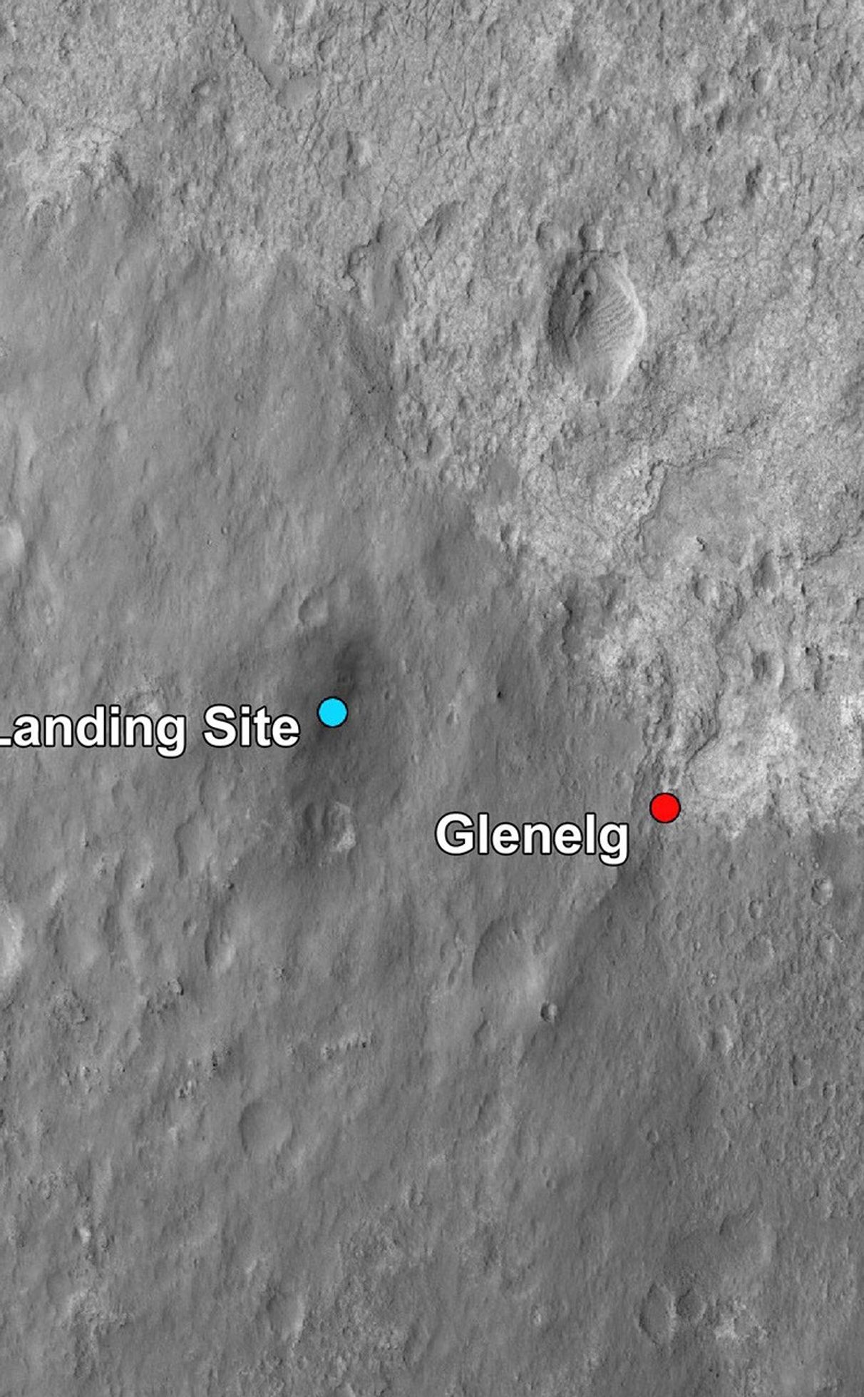 This image shows the landing site of NASA's Curiosity rover and destinations scientists want to investigate.