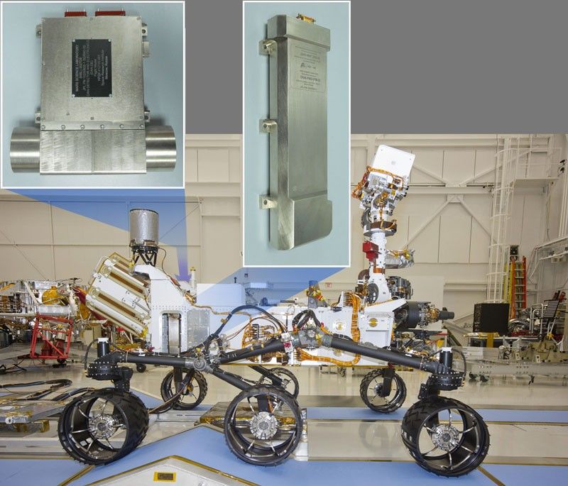 This image of NASA's Curiosity rover shows the location of the two components of the Dynamic Albedo of Neutrons instrument.