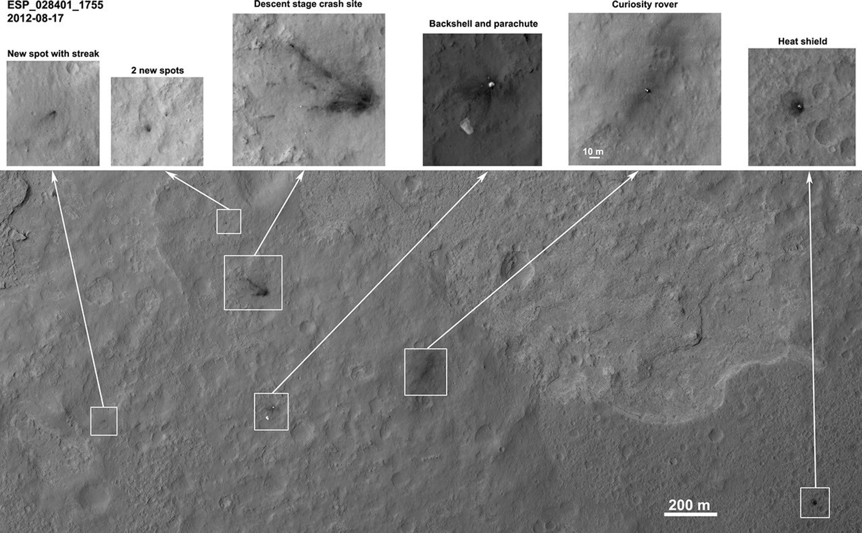 Details such as the shadow of the mast on NASA's Mars rover Curiosity appear in an image taken Aug. 17, 2012, by the High Resolution Imaging Science Experiment (HiRISE) camera on NASA's Mars Reconnaissance Orbiter, from more directly overhead than previous HiRISE images of Curiosity.