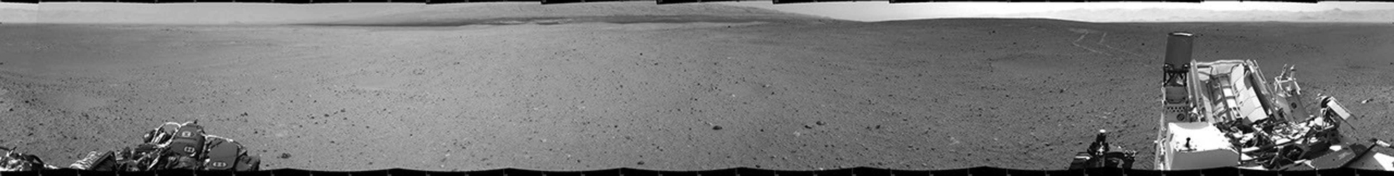 NASA's Mars rover Curiosity drove about 70 feet (about 21 meters) on the mission's 21st Martian day, or sol (Aug. 30, 2012) and then took images with its Navigation Camera that are combined into this scene, which inclues the fresh tracks.