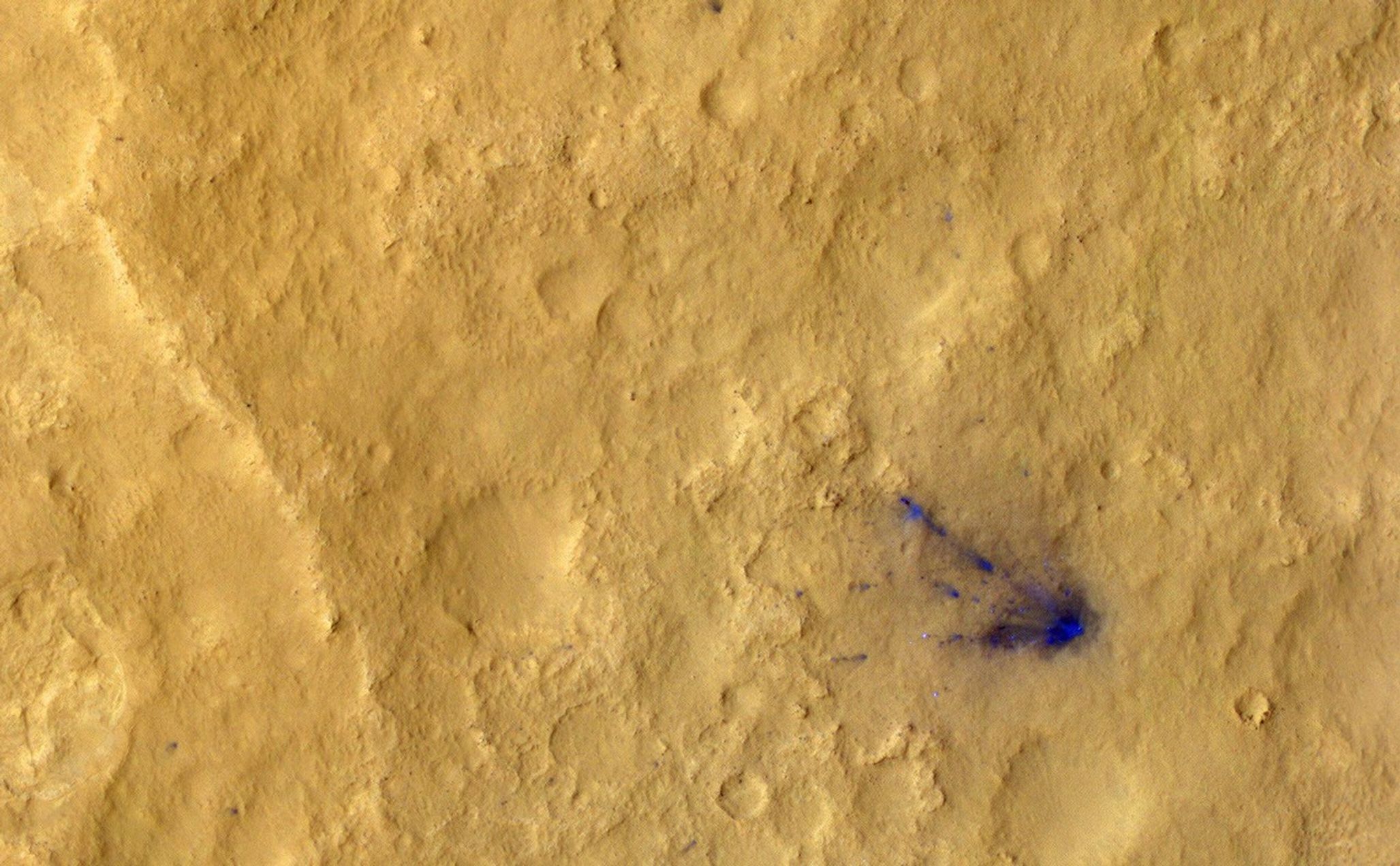 After a rocket-powered descent stage, also known as the sky crane, delivered NASA's Curiosity rover to Mars on Aug. 5 PDT (Aug. 6 EDT), 2012, it flew away and fell to the surface.