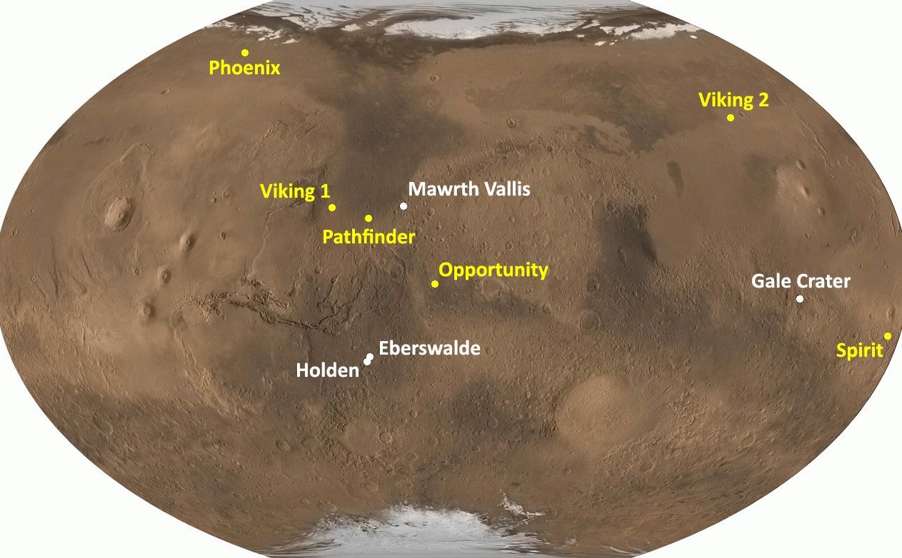 This image shows a globe of Mars with the locations of the four proposed landing sites noted in white font and the locations of prior landed missions in yellow font. Prior landed missions include: Viking 1 and 2, Pathfinder, Spirit, Opportunity, and Phoenix. Proposed MSL landing sites include: Mawrth Vallis, Gale Crater, Holden Crater, and Eberswalde Crater.
