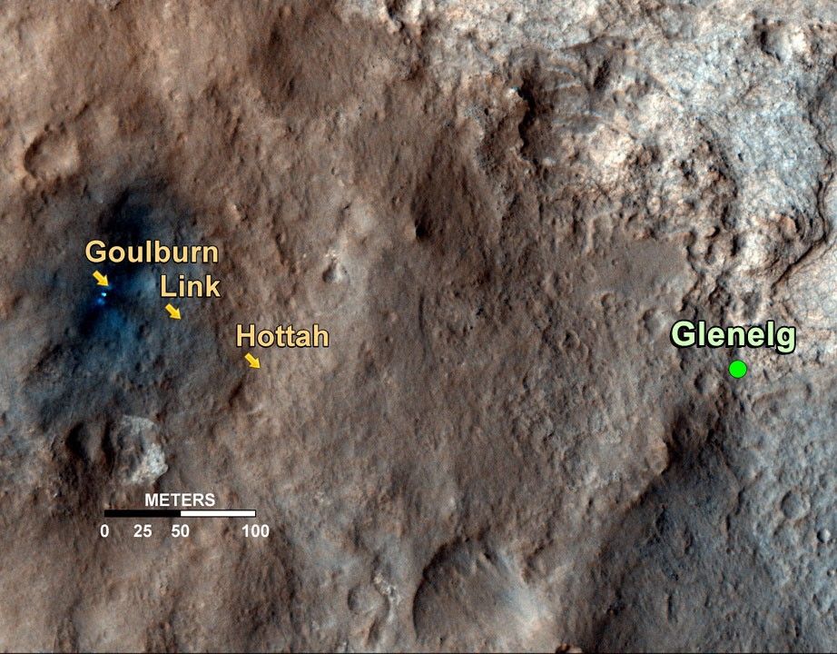 This map shows the path on Mars of NASA's Curiosity rover toward Glenelg, an area where three terrains of scientific interest converge.