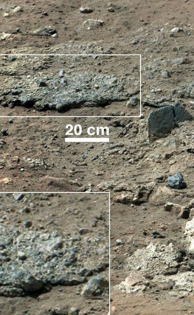 This image from NASA's Curiosity Rover shows a high-resolution view of an area that is known as Goulburn Scour, a set of rocks blasted by the engines of Curiosity's descent stage on Mars.