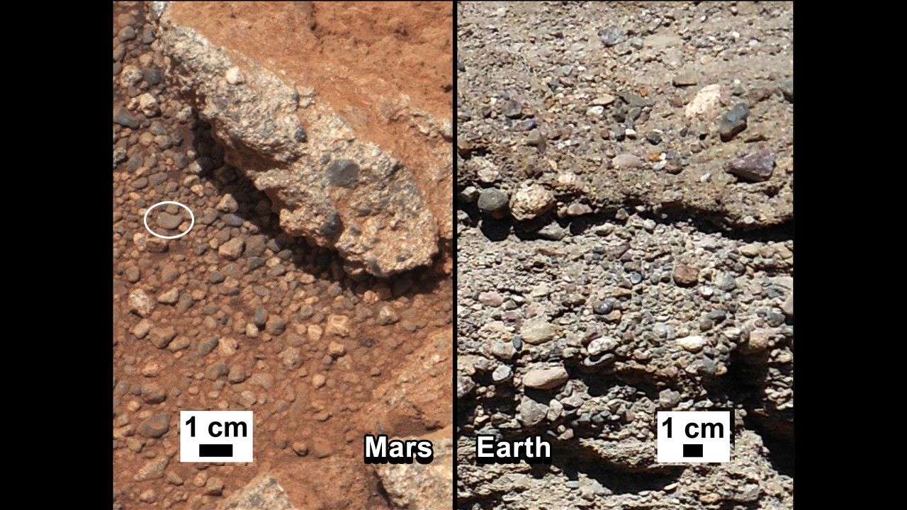 This set of images compares the Link outcrop of rocks on Mars (left) with similar rocks seen on Earth (right).