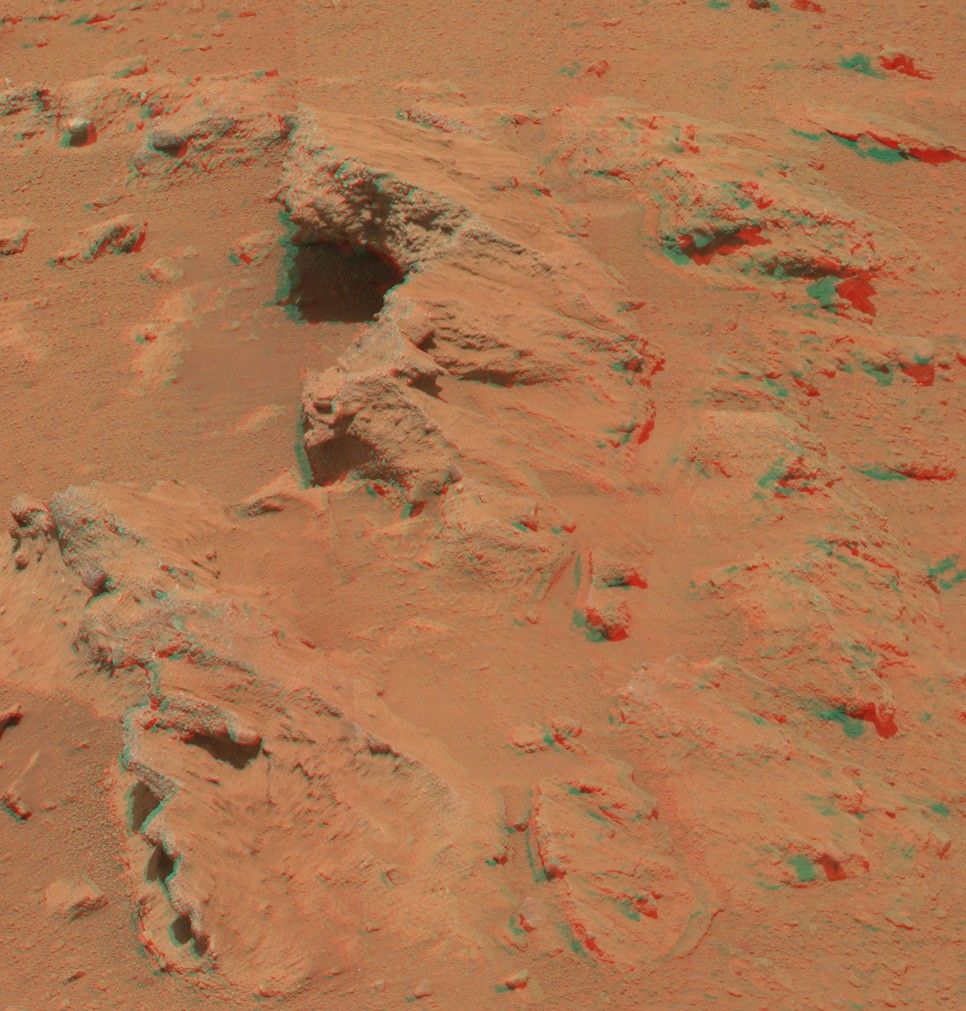 This stereo image from the Mast Camera (Mastcam) on NASA's Mars rover Curiosity shows a rock outcrop called "Hottah," cited as evidence for vigorous flow of water in a long-ago Martian stream.