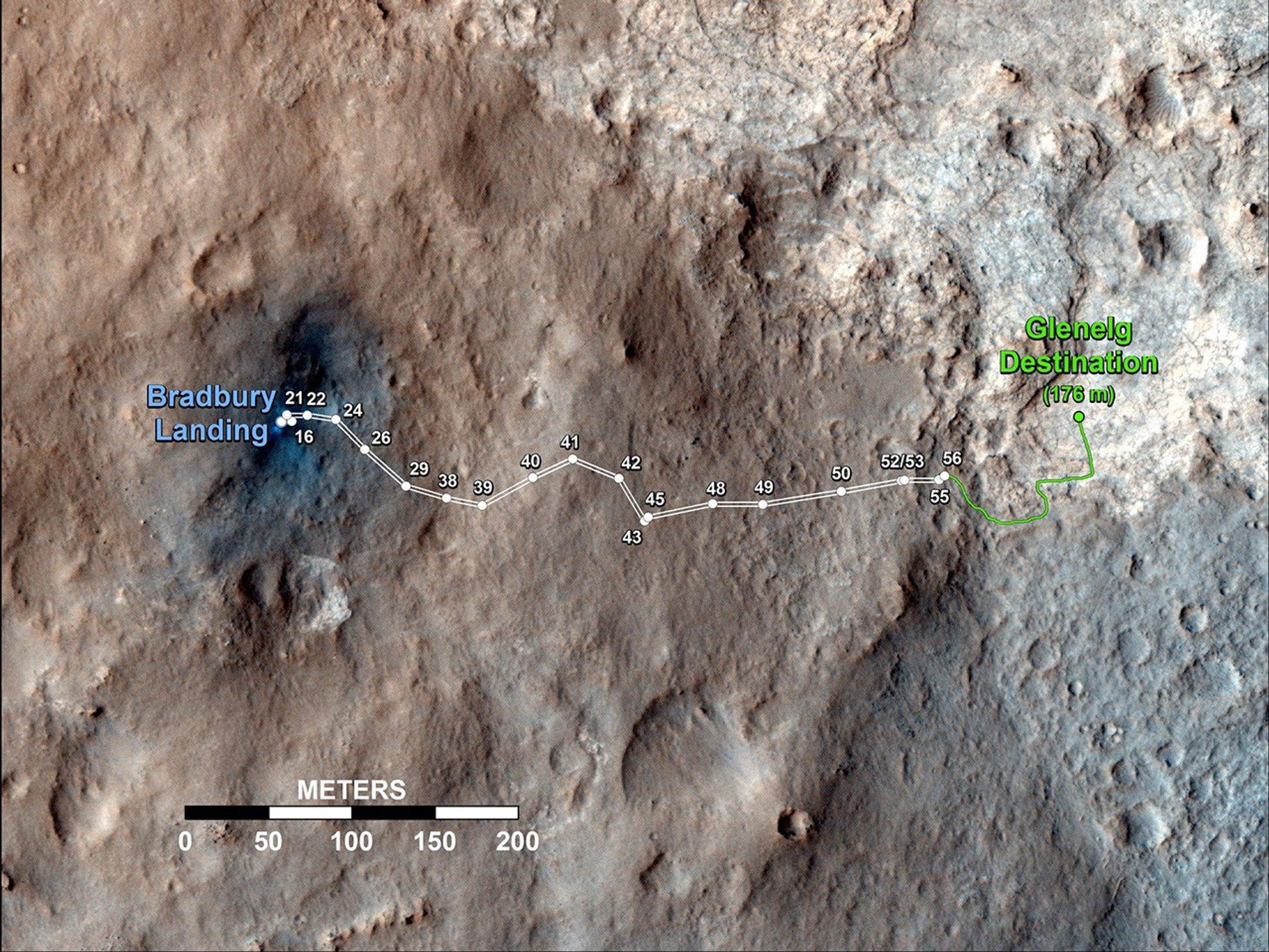 This map shows the route driven by NASA's Mars rover Curiosity through the 56th Martian day, or sol, of the rover's mission on Mars (Oct. 2, 2012).